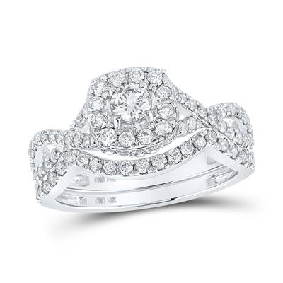 14k White Gold Round Diamond Halo Bridal Wedding Ring Set 